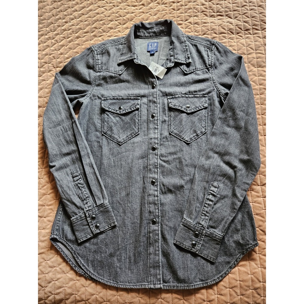 NWT GAP Denim Women's Black & Gray LS Western Pearl Snap Buttons Shirt, XS